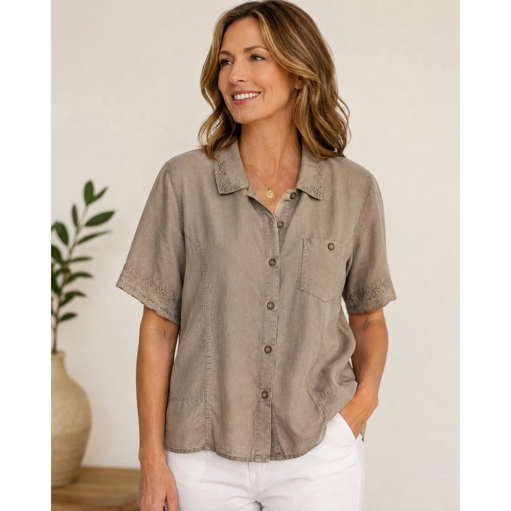 Liz & Me Women 2X Linen Cotton Blend Embroidered Button Down Shirt Taupe Khaki - Picture 5 of 11